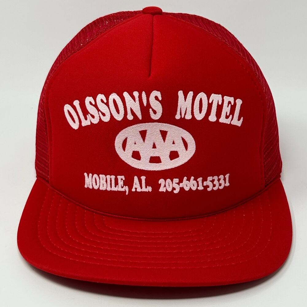 Vintage 80s Olssons Motel Trucker Hat Baseball Cap Red Mobile Alabama Snapback